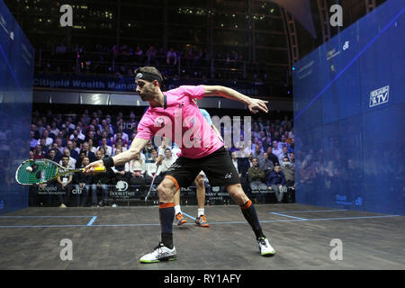 Londres, Royaume-Uni. Mar 11, 2019. Borja Golan, de l'Espagne en action contre Mohamed ElShorbagy ou l'Égypte. Canary Wharf Citigold Squash Classic, jour 2 à l'est d'hiver dans la région de Canary Wharf, London le lundi 11 mars 2019. Photos par Steffan Bowen/Andrew Orchard la photographie de sport/Alamy live news Crédit : Andrew Orchard la photographie de sport/Alamy Live News Banque D'Images