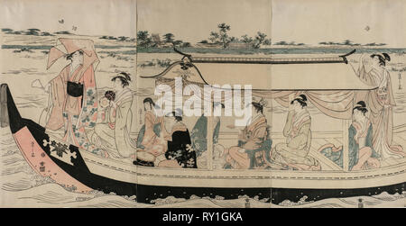 Les femmes dans un bateau de plaisance sur la rivière Sumida, début des années 1790. Chōbunsai Eishi, japonais (1756-1829). Gravure sur bois en couleur ; feuille : 38,8 x 25,8 cm (15 1/4 x 10 3/16 po Banque D'Images