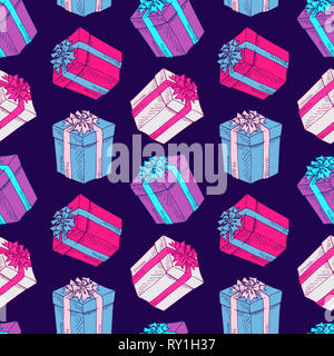 Boîtes cadeaux avec ruban, hand drawn doodle croquis illustration couleur transparente, pattern design sur fond bleu foncé Banque D'Images