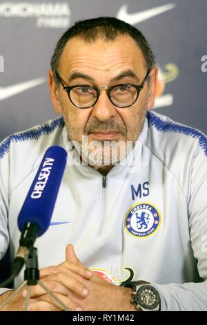 Gestionnaire de Chelsea Maurizio Sarri traite d'une conférence de presse au centre de formation du club à Cobham, Surrey, avant leur premier match de championnat contre Manchester City le 10 février 2019. Comprend : Maurizio Sarri Où : Cobham, Surrey, Royaume-Uni Quand : 08 Feb 2019 Credit : WENN.com Banque D'Images