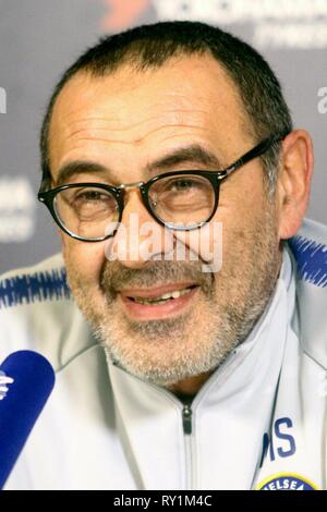 Gestionnaire de Chelsea Maurizio Sarri traite d'une conférence de presse au centre de formation du club à Cobham, Surrey, avant leur premier match de championnat contre Manchester City le 10 février 2019. Comprend : Maurizio Sarri Où : Cobham, Surrey, Royaume-Uni Quand : 08 Feb 2019 Credit : WENN.com Banque D'Images