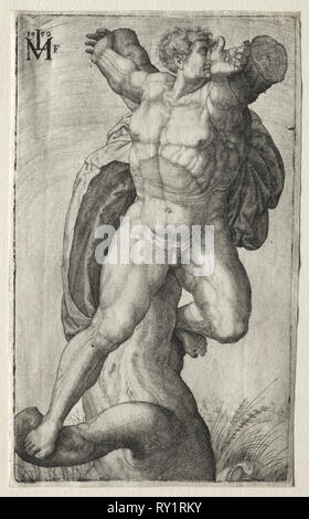 L'Homme Crucific, 1550. Melchior Lorichs (Allemand, 1527-1594), après Michelangelo Buonarroti (italien, 1475-1564). Gravure Banque D'Images