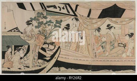 Les femmes dans un bateau de plaisance sur la rivière Sumida, mi 1790. Chōbunsai Eishi, japonais (1756-1829). Gravure sur bois en couleur ; feuille : 38,4 x 24,2 cm (15 1/8 x 9 1/2 po Banque D'Images