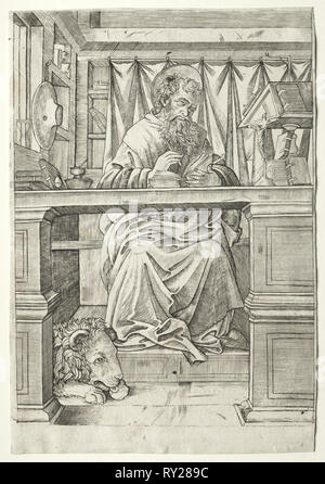 Saint Jérôme dans son étude, c. 1510. Giovanni Antonio da Brescia (Italien), après Filippino Lippi (italien, 1457-1504). Gravure Banque D'Images