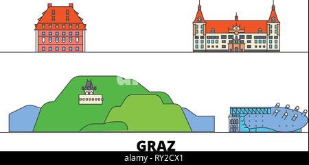 Autriche, Graz télévision landmarks illustration vectorielle. Autriche, Graz line city avec de célèbres sites de voyage, d'horizon, design. Illustration de Vecteur