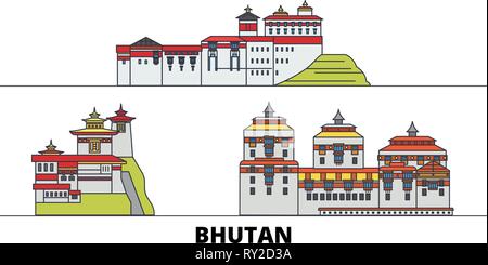 Bhoutan télévision landmarks vector illustration. Bhoutan line city avec de célèbres sites de voyage, d'horizon, design. Illustration de Vecteur