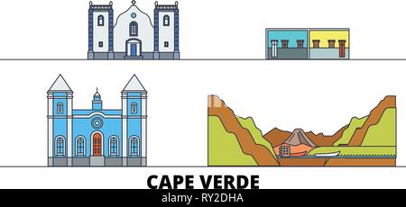 Cap-vert télévision landmarks vector illustration. Cap-vert line city avec de célèbres sites de voyage, d'horizon, design. Illustration de Vecteur