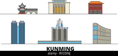 La Chine, Kunming télévision landmarks vector illustration. La Chine, Kunming line city avec de célèbres sites de voyage, d'horizon, design. Illustration de Vecteur