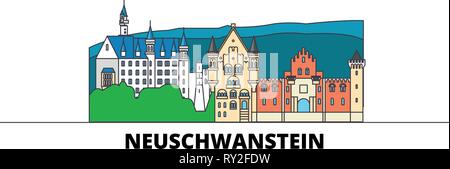 Allemagne, télévision Neuschwanstein landmarks vector illustration. Allemagne, ville célèbre ligne de Neuschwanstein avec voyage sites touristiques, d'horizon, design. Illustration de Vecteur