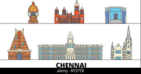 L'Inde, Chennai télévision landmarks illustration vectorielle. L'Inde, Chennai line city avec de célèbres sites de voyage, d'horizon, design. Illustration de Vecteur