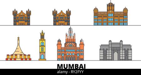 L'Inde, Mumbai 2 télévision landmarks vector illustration. L'Inde, Mumbai 2 line city avec de célèbres sites de voyage, d'horizon, design. Illustration de Vecteur