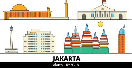 L'Indonésie, Jakarta télévision landmarks vector illustration. L'Indonésie, Jakarta line city avec de célèbres sites de voyage, d'horizon, design. Illustration de Vecteur