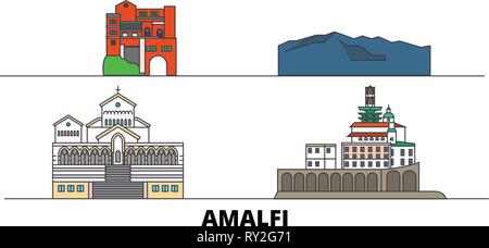 L'Italie, Amalfi télévision landmarks illustration vectorielle. L'Italie, Amalfi line city avec de célèbres sites de voyage, d'horizon, design. Illustration de Vecteur