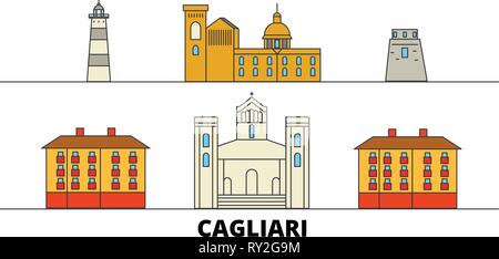 L'Italie, Cagliari télévision landmarks vector illustration. L'Italie, Cagliari line city avec de célèbres sites de voyage, d'horizon, design. Illustration de Vecteur