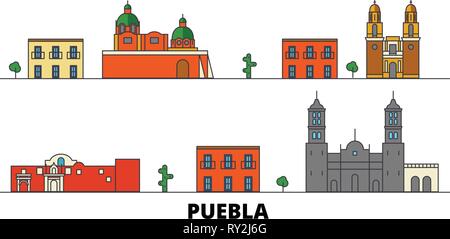 Le Mexique, Puebla télévision landmarks illustration vectorielle. Le Mexique, Puebla line city avec de célèbres sites de voyage, d'horizon, design. Illustration de Vecteur