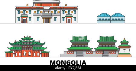 La Mongolie télévision landmarks vector illustration. La Mongolie line city avec de célèbres sites de voyage, d'horizon, design. Illustration de Vecteur