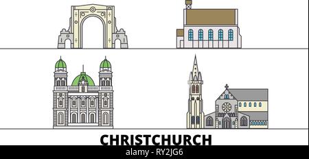 La Nouvelle-Zélande, Christchurch télévision landmarks vector illustration. La Nouvelle-Zélande, Christchurch line city avec de célèbres sites de voyage, d'horizon, design. Illustration de Vecteur