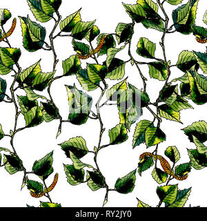 Branches de bouleau hand drawn seamless pattern. Les rameaux de l'arbre naturel. Pinceau peinture dessin en couleur. Les feuilles de bouleau vert aquarelle texture. Botanic papier d'emballage, d'écran conception Banque D'Images