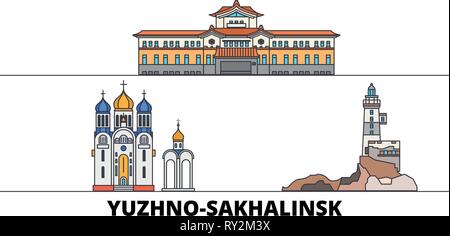 Yuzhno Sakhalinsk, la Russie télévision landmarks vector illustration. La Russie, Yuzhno Sakhalinsk line city avec de célèbres sites de voyage, d'horizon, design. Illustration de Vecteur