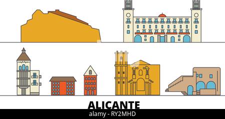 L'Espagne, Alicante télévision landmarks vector illustration. L'Espagne, Alicante ville ligne avec de célèbres sites de voyage, d'horizon, design. Illustration de Vecteur