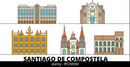 L'Espagne, Santiago de Compostela télévision landmarks illustration vectorielle. L'Espagne, Santiago de Compostela line city avec de célèbres sites de voyage, d'horizon, design. Illustration de Vecteur