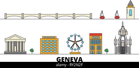 La Suisse, Genève télévision landmarks illustration vectorielle. La Suisse, Genève line city avec de célèbres sites de voyage, d'horizon, design. Illustration de Vecteur