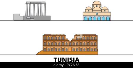 Tunisie télévision landmarks illustration vectorielle. Tunisie line city avec de célèbres sites de voyage, d'horizon, design. Illustration de Vecteur