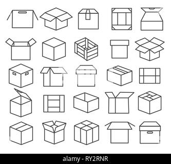 Ligne de conditionnement boîte d'icônes. Ensemble, l'icône de papier, boîtes, outline packages, symboles de la caisse de transport de courrier et l'envoi de conteneurs, vector illustr Illustration de Vecteur