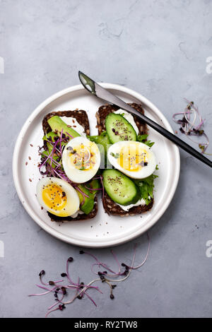 Le pain de seigle avec de l'avocat, œuf, concombre, fromage à la crème et les graines germées sur un platу blanc sur fond gris. Vue de dessus Banque D'Images