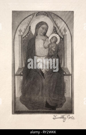 Vieux Maîtres italiens : Madonna Enthroned with Child holding Bird, 1885. Timothy Cole (Américain, 1852-1931). La gravure sur bois Banque D'Images