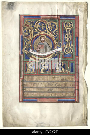 Feuille unique excisés d'un livre de l'Evangile avec Initial L[iber generationis] : Saint Matthieu (verso), ch. 1190. L'Allemagne, l'Helmarshausen Abbaye, 12ème siècle. Encre, tempera, argent et or sur vélin ; feuille : 34,3 x 23,3 cm (13 1/2 x 9 3/16 in.) ; produits : 52,4 x 39,7 cm (20 5/8 x 15 5/8 in.) ; enchevêtrées : 48,9 x 36,2 cm (19 1/4 x 14 1/4 in Banque D'Images