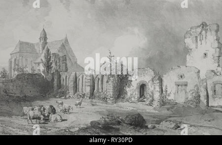 Voyages pittoresques et romantiques dans l'ancienne France. Bretagne : Auberge de l'Abbaye du Relec. Eugène Cicéri (Français, 1813-1890). Lithographie Banque D'Images