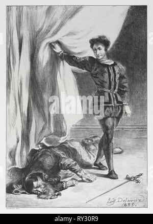 Hamlet : Hamlet et le corps de Polonius, 1835. Eugène Delacroix (Français, 1798-1863). Lithographie Banque D'Images