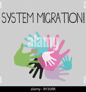 Main conceptuel montrant la migration de système d'écriture. Sens Concept Déménagement des programmes pour une autre plate-forme Banque D'Images