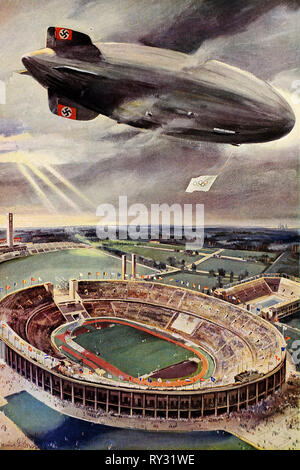 Jeux Olympiques de 1936 Berlin - le dirigeable Hindenburg sur l'Arène Olympique le 1 août 1936, jour de l'ouverture des Jeux Olympiques de Berlin Banque D'Images