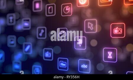 Circulation de l'application pour smartphone icons. neon lumineux de style d'icônes. 3d illustration Banque D'Images