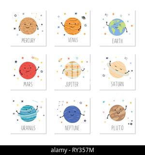 Vector illustration of cute cartoon système solaire. Planètes mignon drôle avec les visages de sourire. Univers drôles pour les enfants. Pluton, Mars, Mercure, Vénus, la terre, Illustration de Vecteur