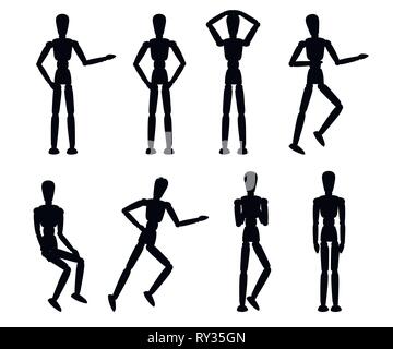 Silhouette noire. Mannequin en bois collection. Mannequin avec des poses différentes. Télévision Cartoon style. Vector illustration isolé sur fond blanc. Illustration de Vecteur