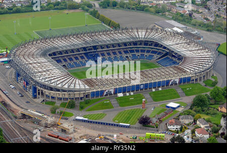 Vue aérienne de BT Stade de Murrayfield, Edinburgh. Banque D'Images