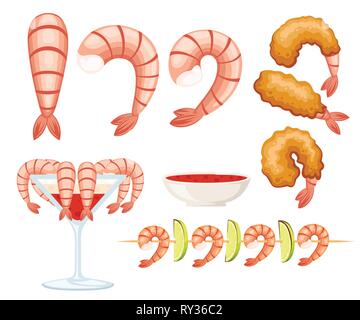 Crevettes frites dans de la pâte de crevettes, cuites et kebab. Sauce pour fruits de mer. De savoureux plats au restaurant. Télévision vector illustration isolé sur fond blanc. Illustration de Vecteur