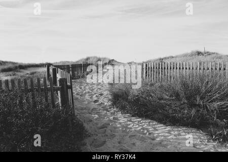 Chemin d'accès à la plage à travers les dunes entouré par une clôture de bois Banque D'Images