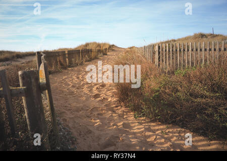 Chemin d'accès à la plage à travers les dunes entouré par une clôture de bois Banque D'Images