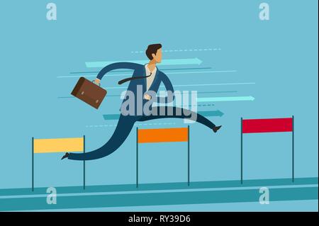 Businessman jumping over obstacle. L'atteinte des objectifs business concept. Vector illustration Illustration de Vecteur