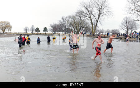 Les participants à la plongée polaire profiteront des Jeux olympiques spéciaux qui sortent des eaux glacées du lac Érié à Edgewater Beach à Cleveland, Ohio, États-Unis. Banque D'Images