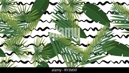 Belle couleur vert tropical résumé et feuilles de palmier modèle vectoriel continu sur fond de diagonale géométrique des lignes en noir et blanc Illustration de Vecteur