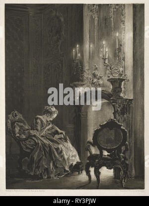 Essai sur pierre avec brosse et grattoir : femme lisant au coin du feu, 1851. Adolph von Menzel (allemand, 1815-1905). Lithographie Banque D'Images