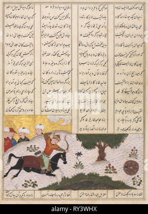 Siyavush sur son cheval frapper une cible mobile (recto) et en persan versets (verso) à partir d'un Shahnama (Livre des Rois) de Firdausi (940-1019 ou 1025), fin des années 1400. L'Iran, Shiraz, période timuride (1370-1501). Aquarelle, encre, opaque et d'or sur papier Banque D'Images