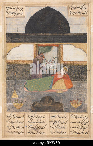 Bahram Gur rend visite à la Princesse de l'Inde dans le pavillon noir (recto) : L'illustration et le texte, le persan vers, d'un autographe de la Khamsa de Nizami, Haft Paykar [7] Portraits, ch. 1400-1410. L'Iran, éventuellement Tabriz ou Shiraz, période timuride, début du 15ème siècle. Opaque Aquarelle et encre sur papier ; image : 18,7 x 12,3 cm (7 3/8 x 4 13/16 in.) ; total : 23,2 x 15,5 cm (9 1/8 x 6 1/8 in Banque D'Images