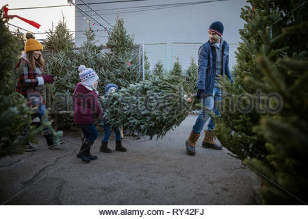 Le père et les enfants exerçant son arbre de Noël Marché de Noël