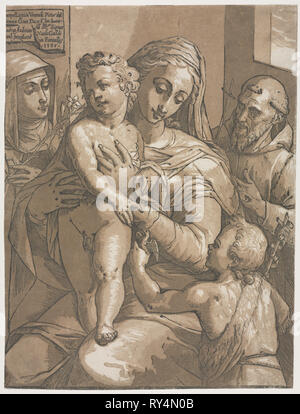 Vierge à l'enfant avec saint Jean, Sainte Catherine de Sienne et Saint François, 1585. Andrea Andreani (italien, à propos de 1558-1610), après, Jacopo Ligozzi (italien, 1547-1626). Gravure sur bois clair-obscur Banque D'Images